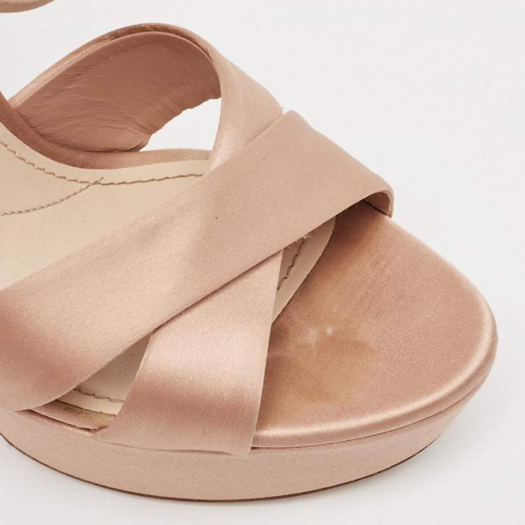 Pre Owned Miu Miu Pink Satin Crystal Embellished Platform Ankle Strap Sandals Size 38 