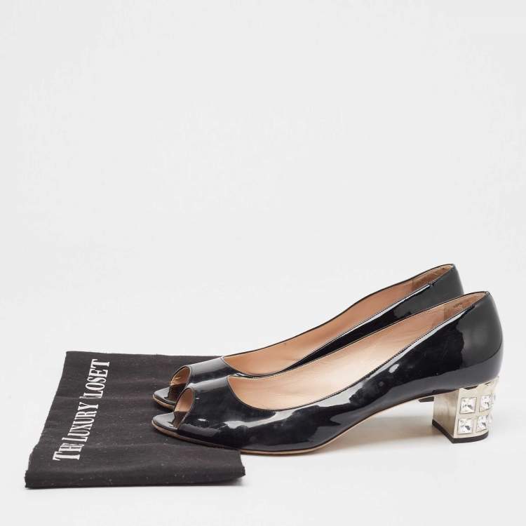 Pre Owned Miu Miu Black Patent Leather Crystal Embellished Heel Pumps Size 40.5