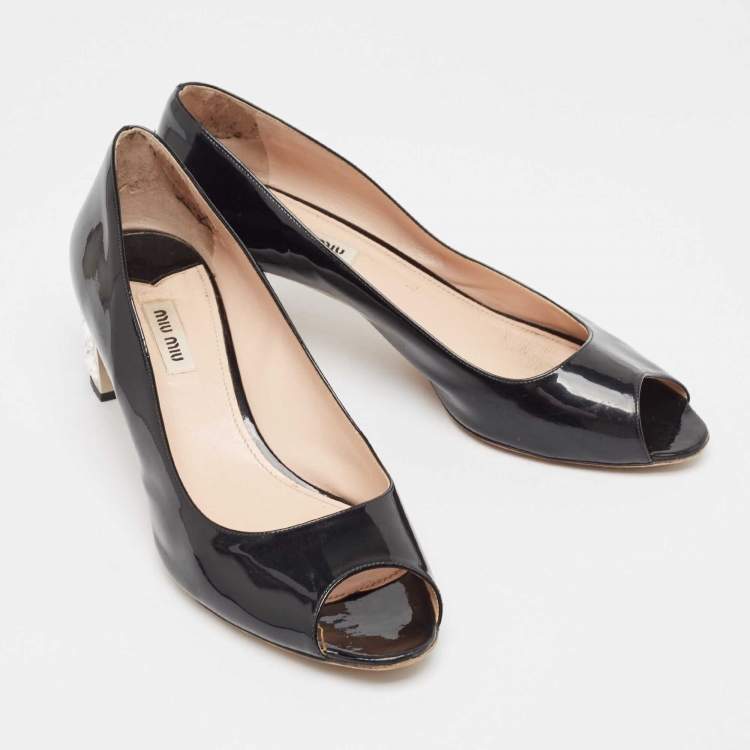 Pre Owned Miu Miu Black Patent Leather Crystal Embellished Heel Pumps Size 40.5