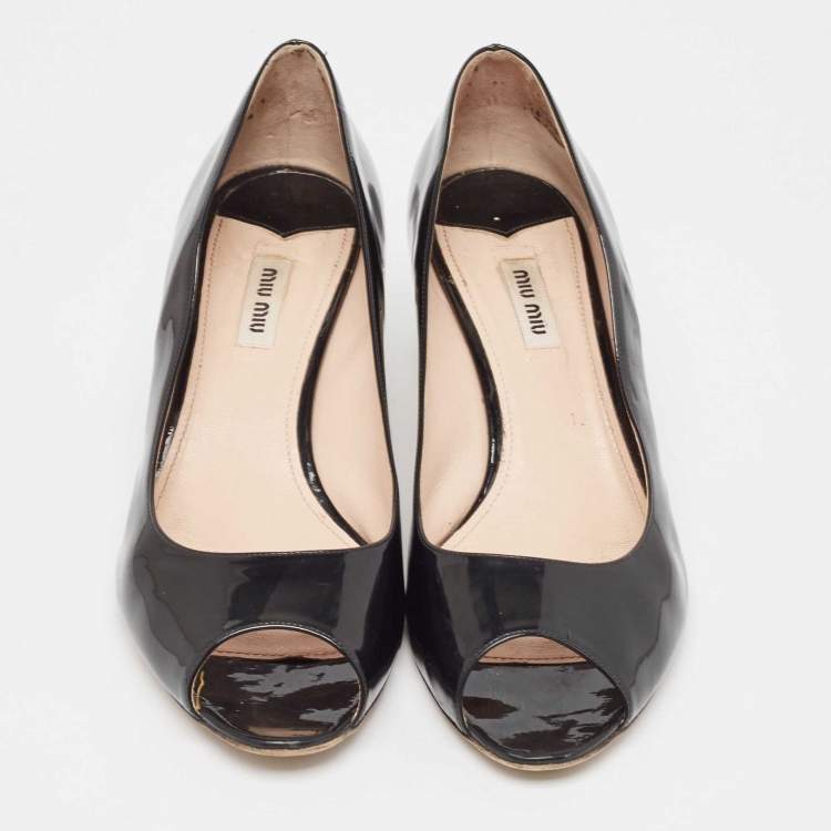 Pre Owned Miu Miu Black Patent Leather Crystal Embellished Heel Pumps Size 40.5
