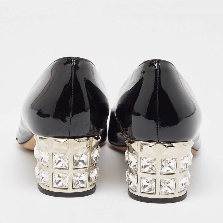 Pre Owned Miu Miu Black Patent Leather Crystal Embellished Heel Pumps Size 40.5