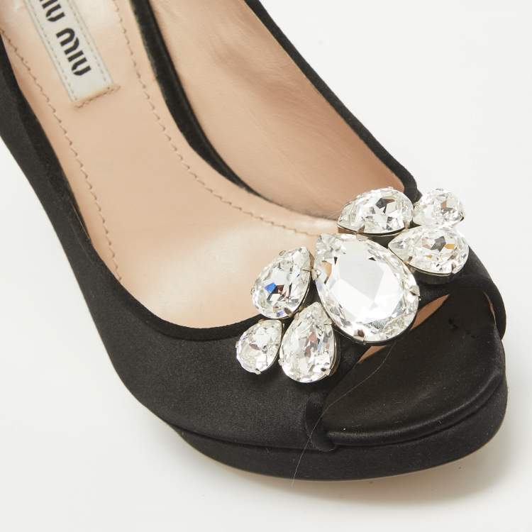 Pre Owned Miu Miu Black Satin Crystal Embellished Peep Toe Platform Pumps Size 37.5