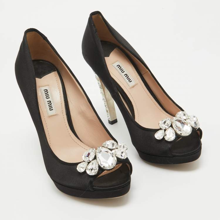 Pre Owned Miu Miu Black Satin Crystal Embellished Peep Toe Platform Pumps Size 37.5