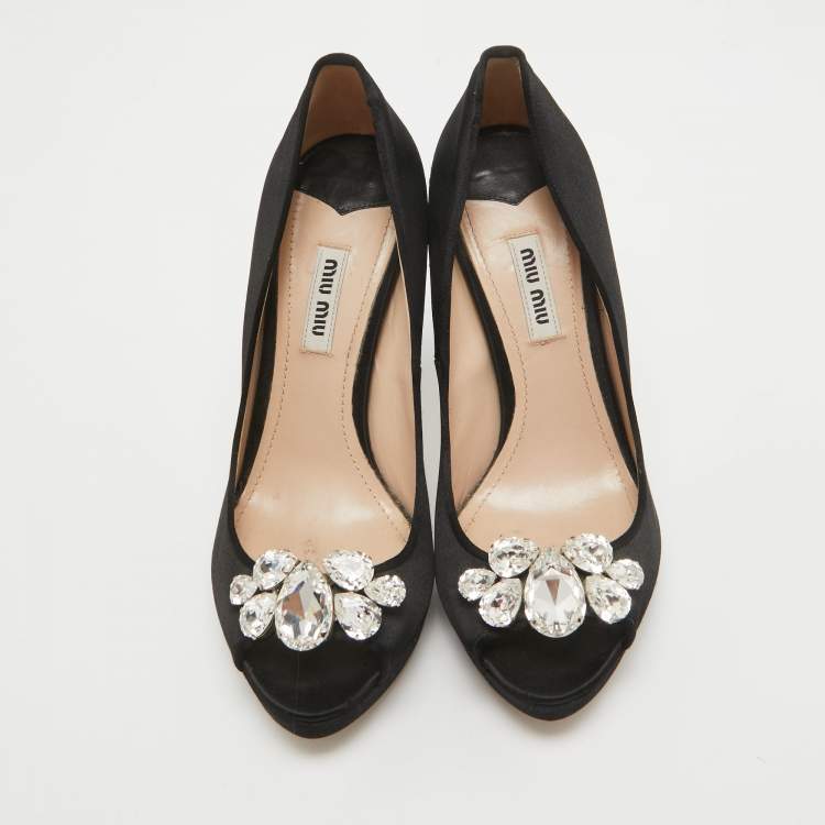 Pre Owned Miu Miu Black Satin Crystal Embellished Peep Toe Platform Pumps Size 37.5
