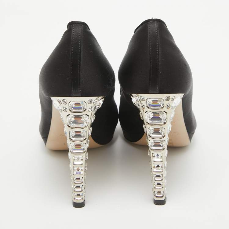 Pre Owned Miu Miu Black Satin Crystal Embellished Peep Toe Platform Pumps Size 37.5
