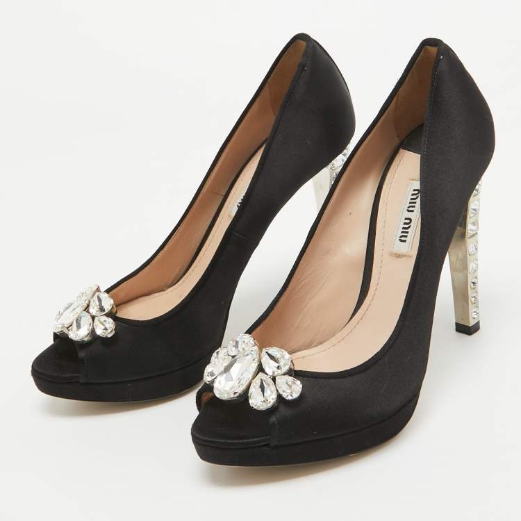 Pre Owned Miu Miu Black Satin Crystal Embellished Peep Toe Platform Pumps Size 37.5