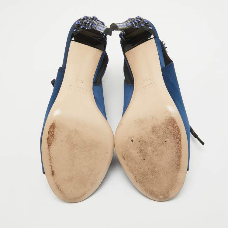 Pre Owned Miu Miu Navy Blue/Black Satin and Fabric Crystal Embellished Lace Up Slingback Sandals Size 39.5