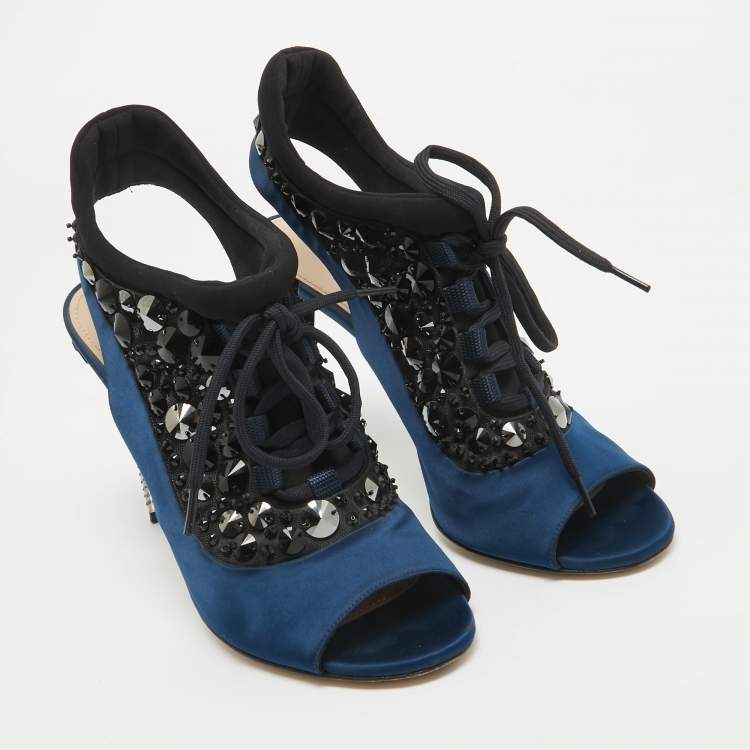Pre Owned Miu Miu Navy Blue/Black Satin and Fabric Crystal Embellished Lace Up Slingback Sandals Size 39.5