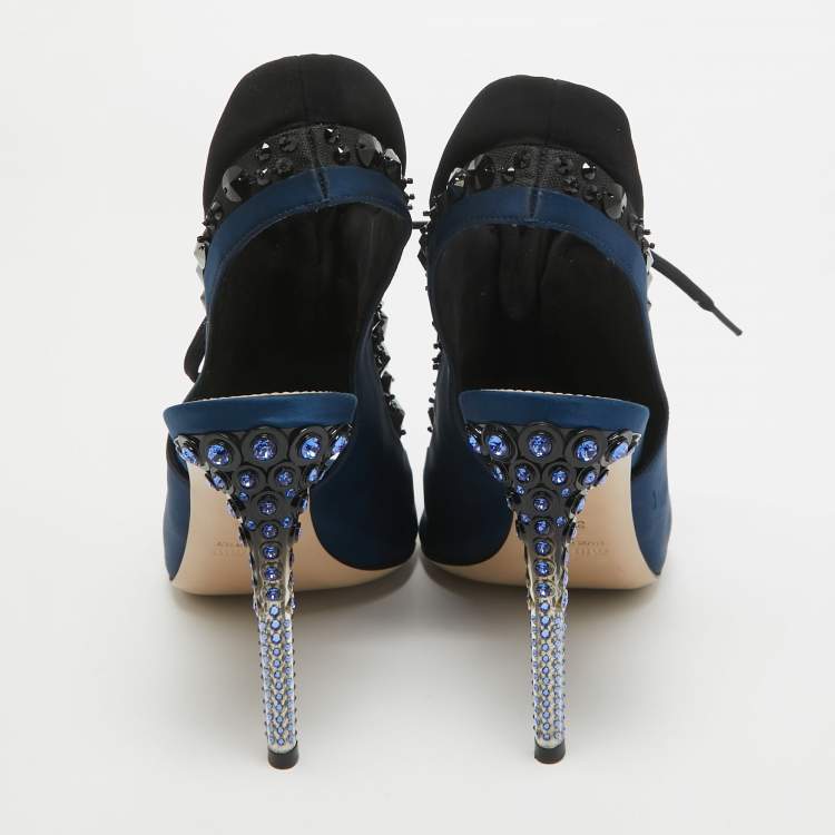 Pre Owned Miu Miu Navy Blue/Black Satin and Fabric Crystal Embellished Lace Up Slingback Sandals Size 39.5