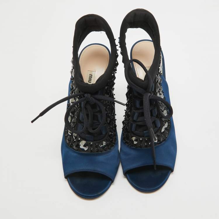 Pre Owned Miu Miu Navy Blue/Black Satin and Fabric Crystal Embellished Lace Up Slingback Sandals Size 39.5