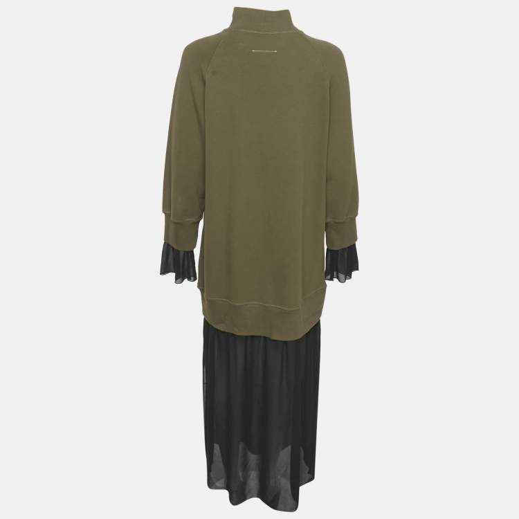 Pre Owned MM6 Maison Margiela Green/Black Cotton and Chiffon Midi Dress S