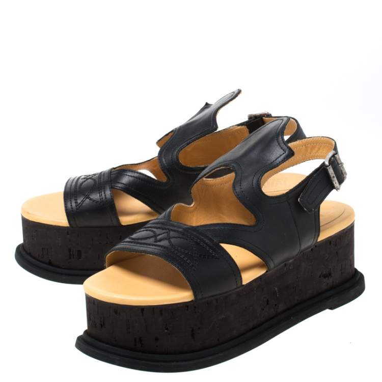 Pre Owned MM6 Maison Margiela Black Cut Out Embroidered Leather Platform Sandals Size 38.5