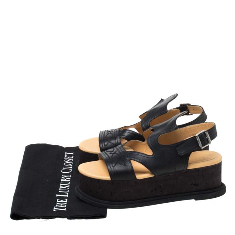 Pre Owned MM6 Maison Margiela Black Cut Out Embroidered Leather Platform Sandals Size 38.5
