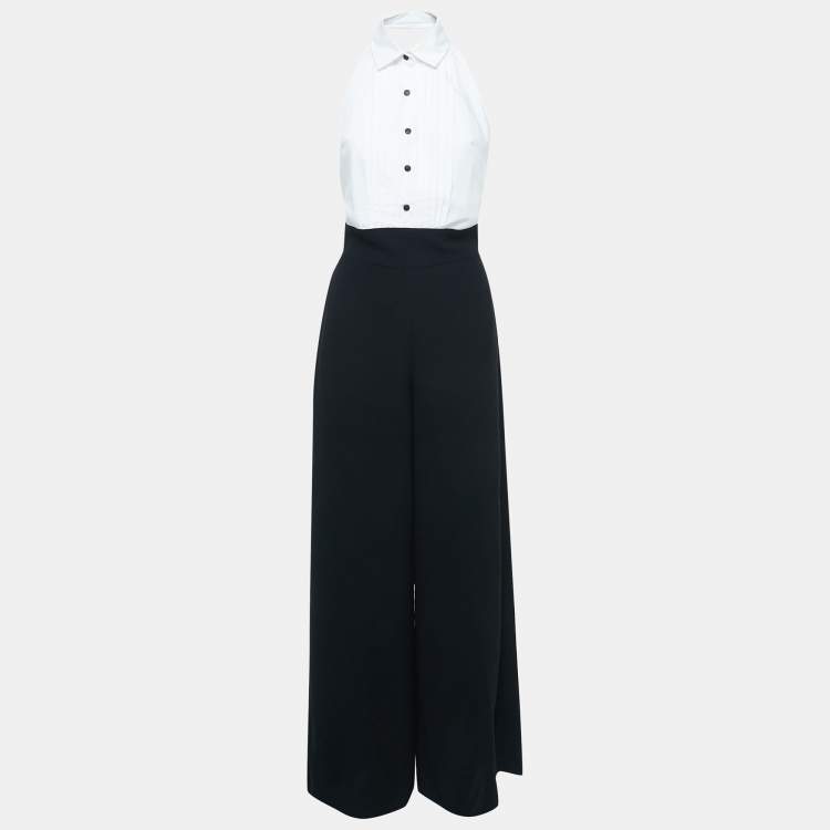 Pre Owned Mojo Collection Black/White Crepe Halter Neck Jumpsuit S