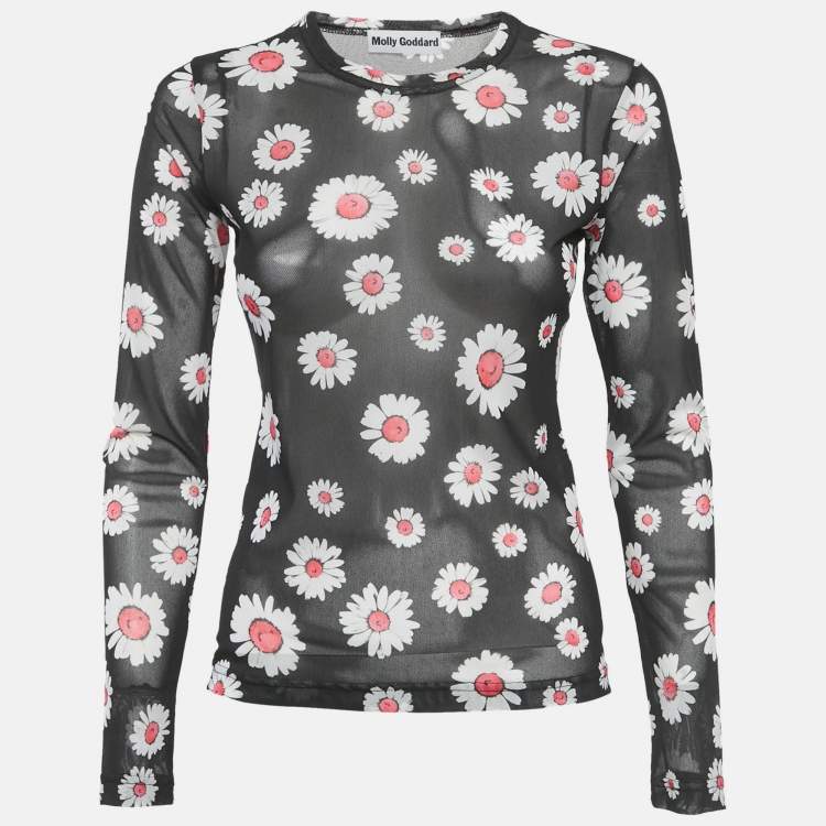 Pre Owned Molly Goddard Black Floral Print Stretch Knit Sheer Top M