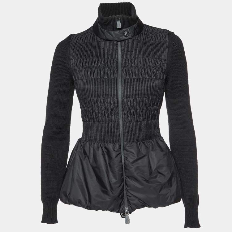 Pre Owned Moncler Grenoble Black Smocked Nylon and Wool Knit Evening Jacket S