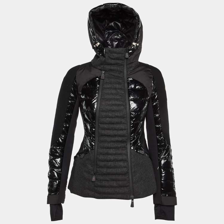 Pre Owned Moncler Grenoble Black Wool & Polyamide Paneled Quilted Hooded Jacket S
