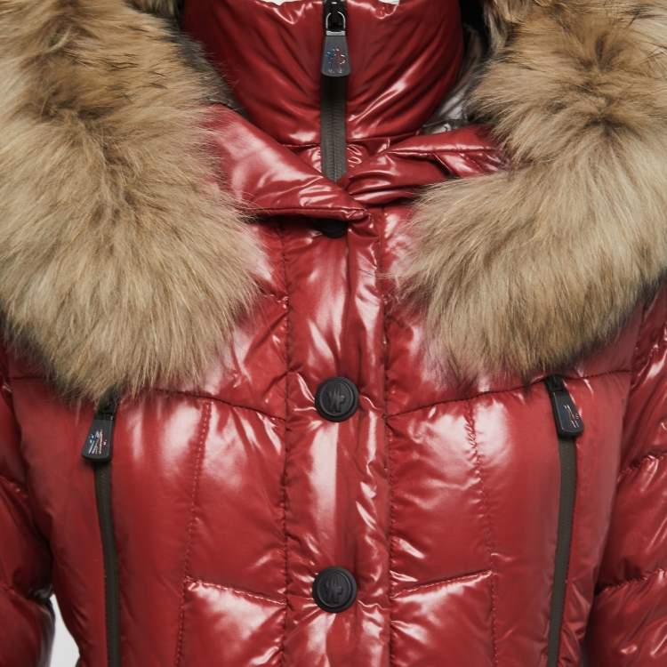 Pre Owned Moncler Grenoble  Burgundy Quilted Fur Detail Hooded Bever Jacket S