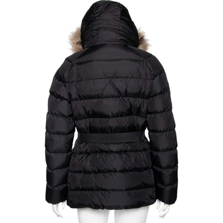 Pre Owned Moncler Black Synthetic Fur Lined Hood Detail Belted Down Jacket L