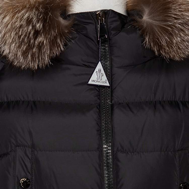 Pre Owned Moncler Black Synthetic Fur Lined Hood Detail Belted Down Jacket L
