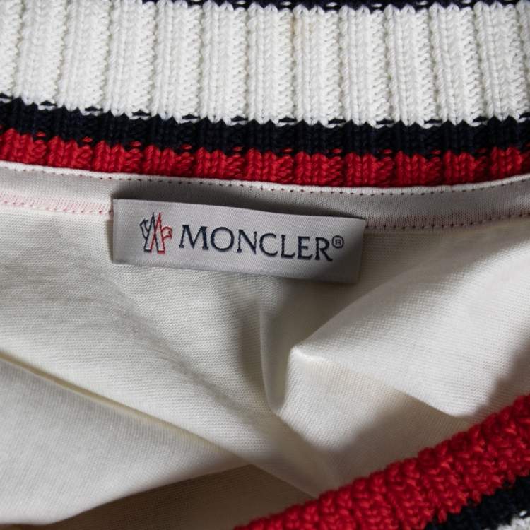 Pre Owned Moncler White Cotton Ribbed Trim Detail Crew Neck Top M