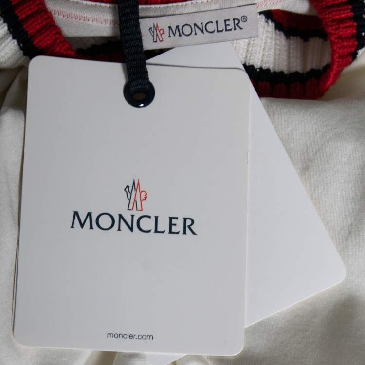 Pre Owned Moncler White Cotton Ribbed Trim Detail Crew Neck Top M