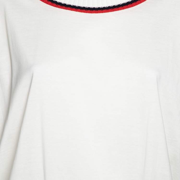 Pre Owned Moncler White Cotton Ribbed Trim Detail Crew Neck Top M