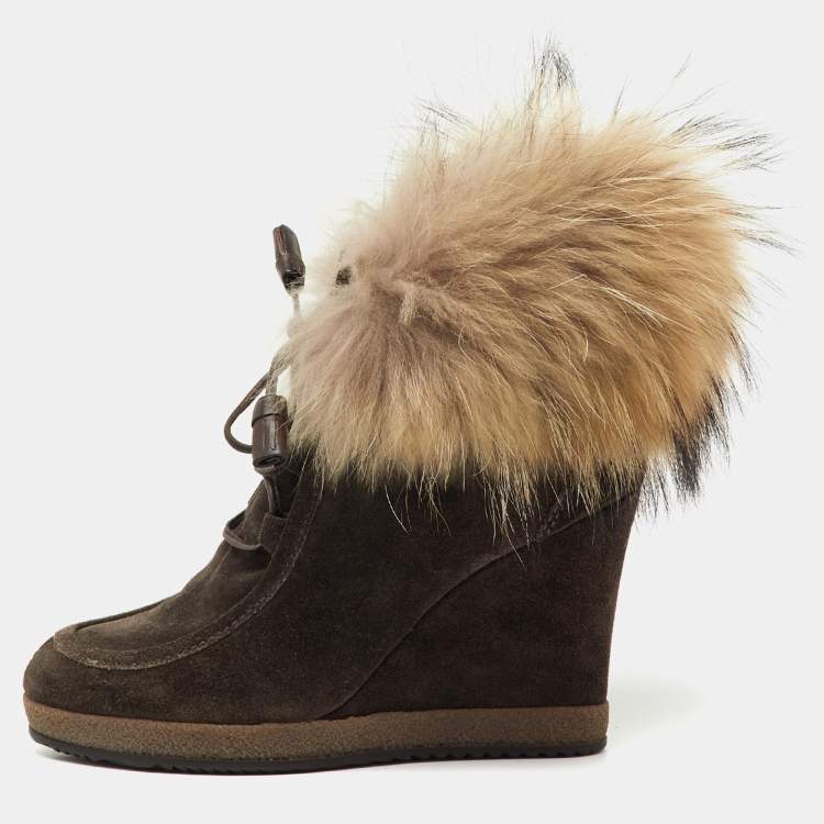 Pre Owned Moncler Brown Suede and Mink Fur Lace Up Wedge Ankle Boots Size 37