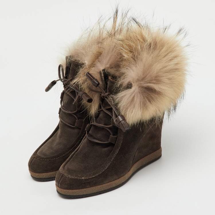 Pre Owned Moncler Brown Suede and Mink Fur Lace Up Wedge Ankle Boots Size 37