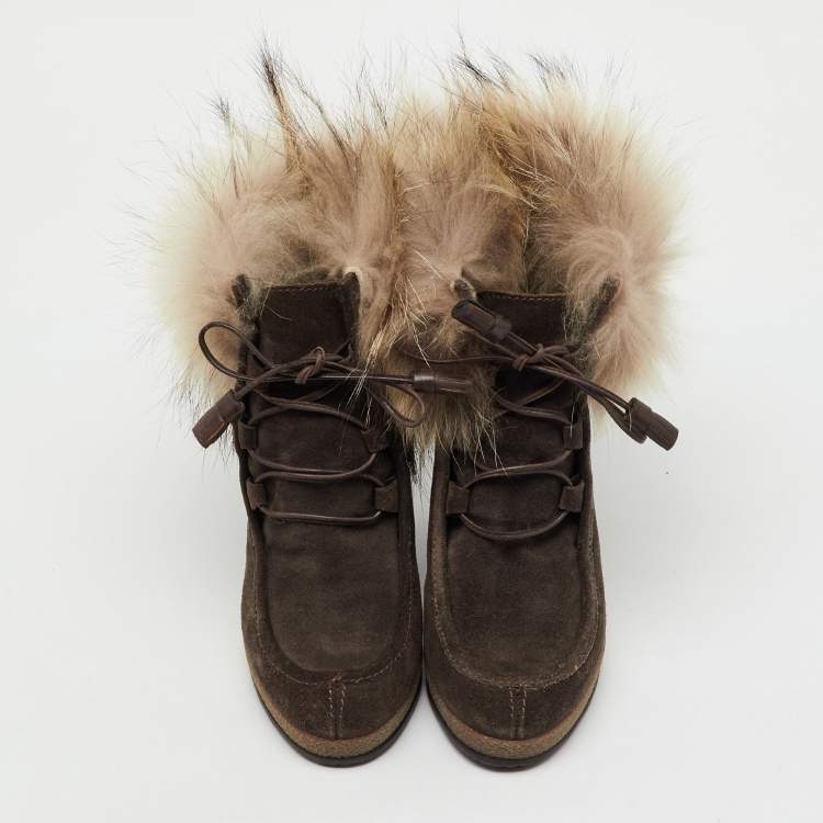 Pre Owned Moncler Brown Suede and Mink Fur Lace Up Wedge Ankle Boots Size 37
