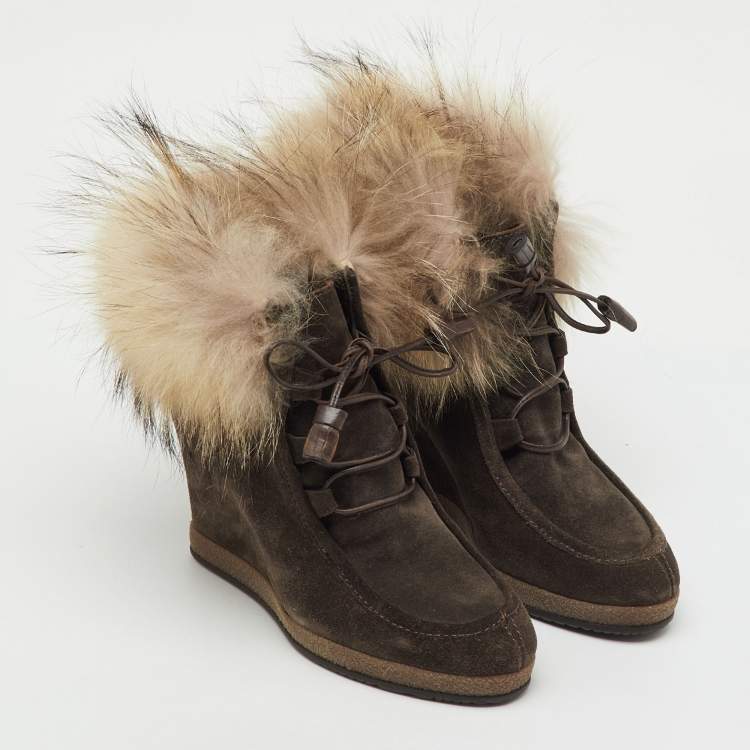 Pre Owned Moncler Brown Suede and Mink Fur Lace Up Wedge Ankle Boots Size 37