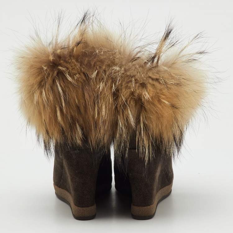 Pre Owned Moncler Brown Suede and Mink Fur Lace Up Wedge Ankle Boots Size 37