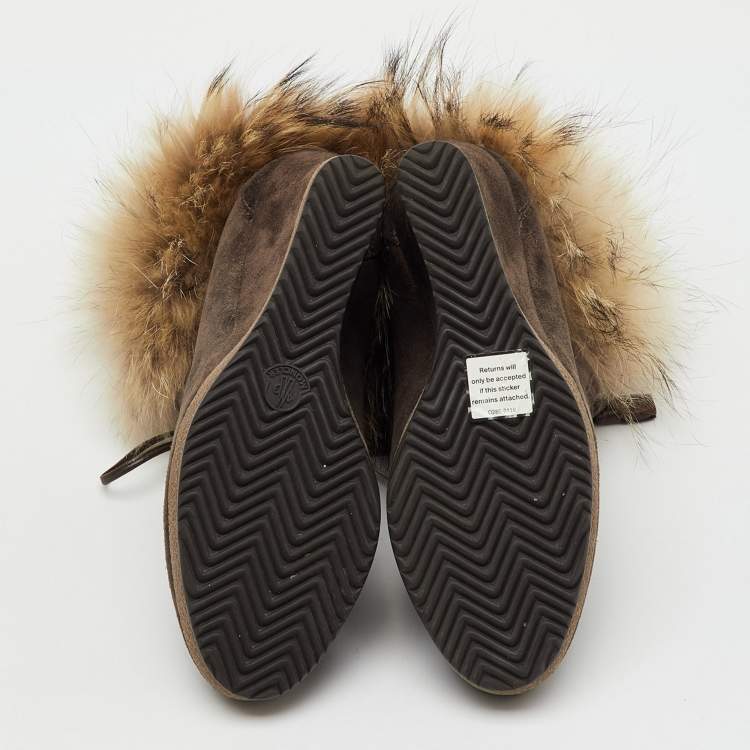 Pre Owned Moncler Brown Suede and Mink Fur Lace Up Wedge Ankle Boots Size 37
