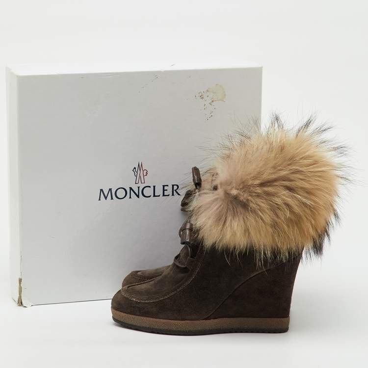 Pre Owned Moncler Brown Suede and Mink Fur Lace Up Wedge Ankle Boots Size 37