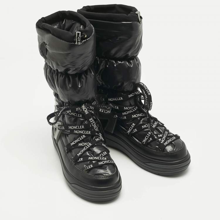 Pre Owned Moncler Black Nylon and Leather Insoluxe Mid Calf Snow Boots Size 35