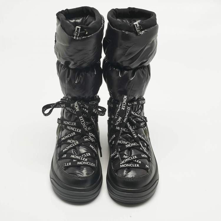 Pre Owned Moncler Black Nylon and Leather Insoluxe Mid Calf Snow Boots Size 35