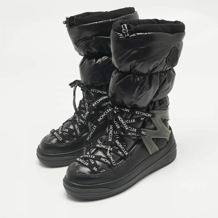 Pre Owned Moncler Black Nylon and Leather Insoluxe Mid Calf Snow Boots Size 35