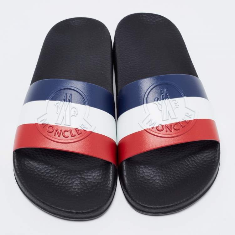 Pre Owned Moncler Black Leather Web Flat Slides Size 38