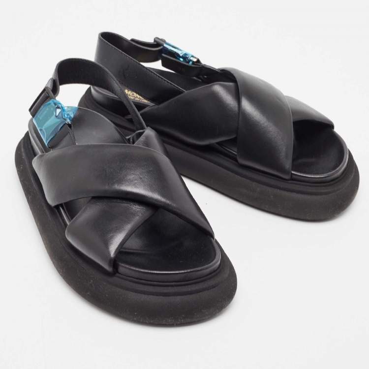 Pre Owned Moncler Black Leather Solarisse Cross Strap Sandals Size 38