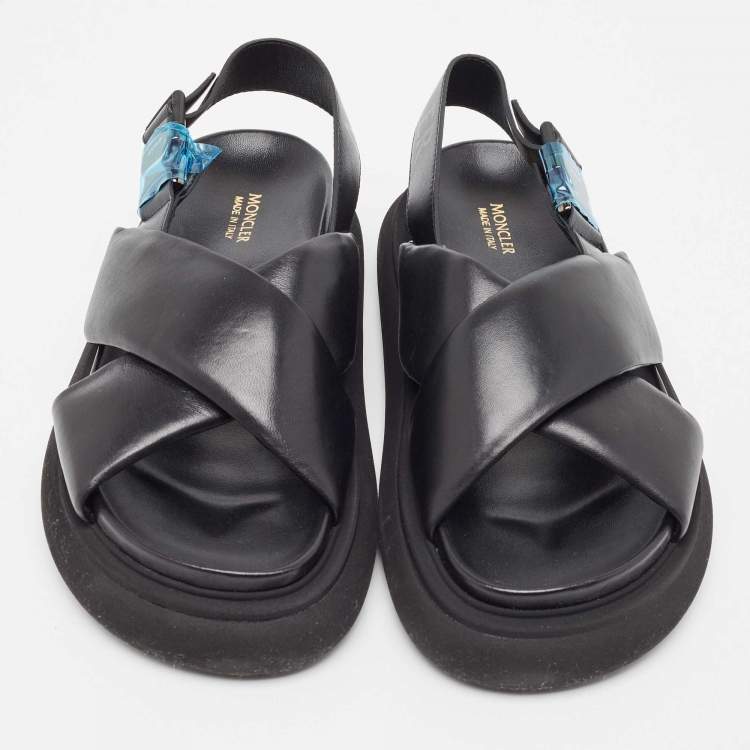 Pre Owned Moncler Black Leather Solarisse Cross Strap Sandals Size 38