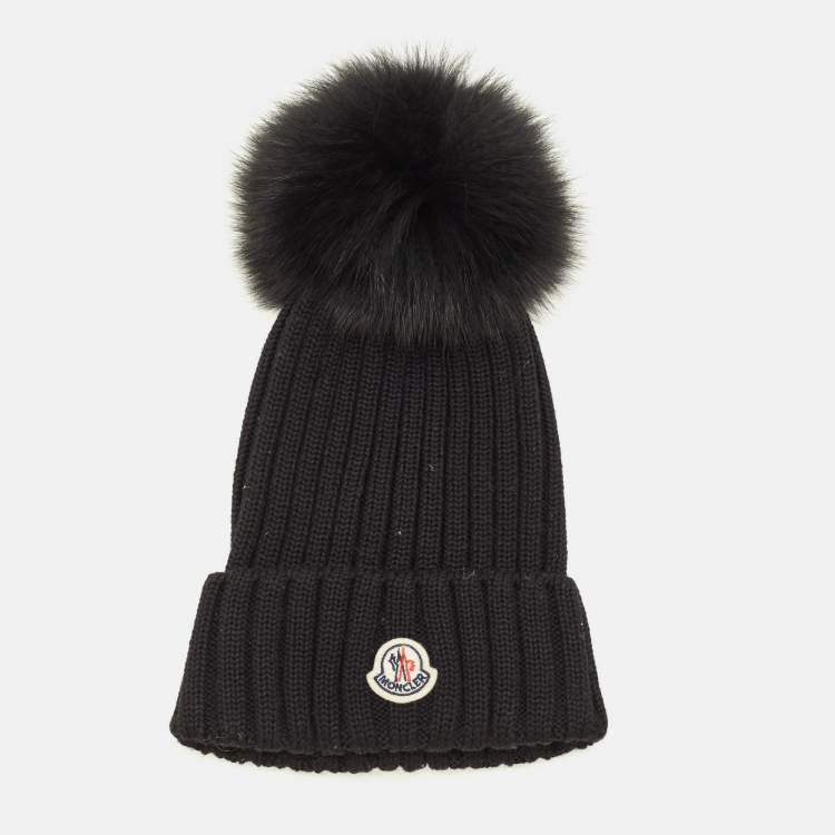 Pre Owned Moncler Black Wool Knit Pom Pom Beanie Hat One Size