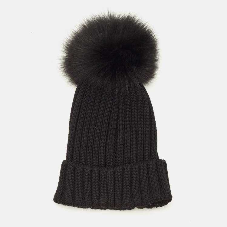 Pre Owned Moncler Black Wool Knit Pom Pom Beanie Hat One Size