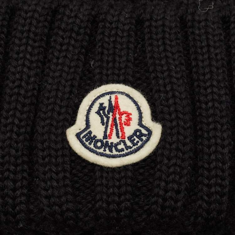 Pre Owned Moncler Black Wool Knit Pom Pom Beanie Hat One Size