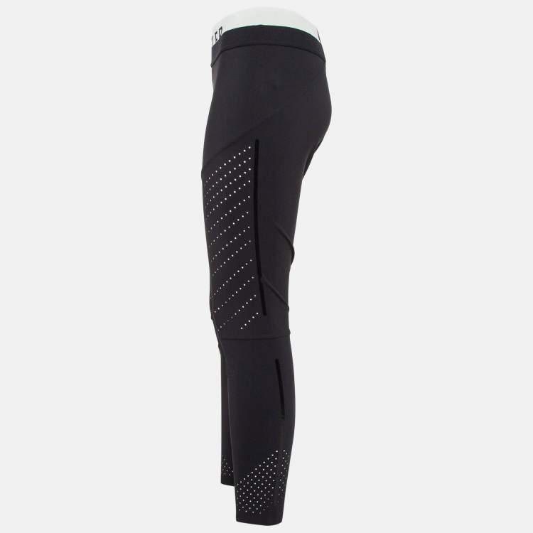 Pre Owned Moncler Black Logo Intarsia Waist Jersey Active Leggings L