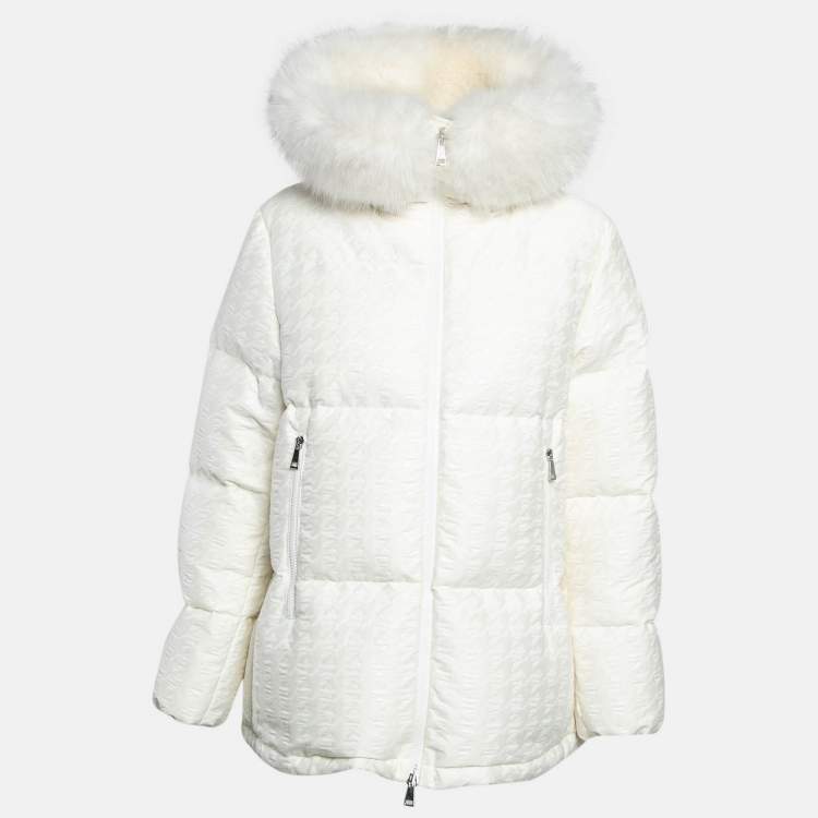 Pre Owned Moncler White Houndstooth Patterned Cotton Blend Quilted Down Jacket M