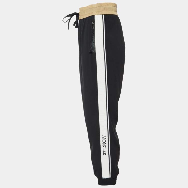 Pre Owned Moncler Black Crepe Logo Tape Trimmed Trackpants L