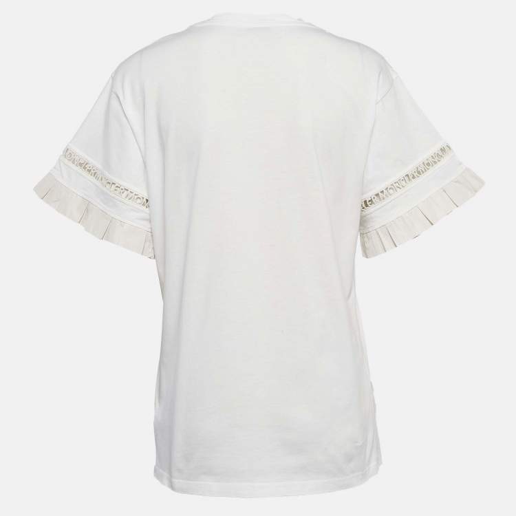 Pre Owned Moncler White Cotton Flared Sleeve Logo Lace Detail T-Shirt L