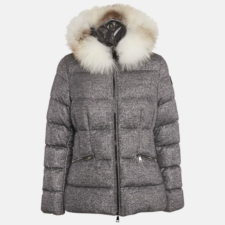 Pre Owned Moncler Silver Wool Blend Detachable Fur Cardamine Giubbotto Down Jacket M