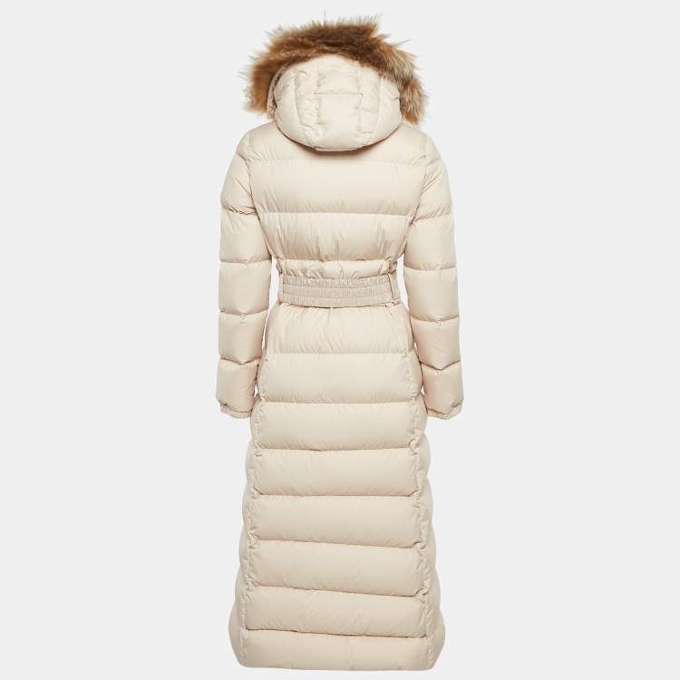 Pre Owned Moncler Beige Synthetic Detachable Fur Hooded Down Puffer Long Coat XS