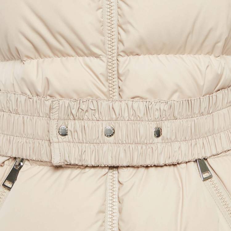 Pre Owned Moncler Beige Synthetic Detachable Fur Hooded Down Puffer Long Coat XS